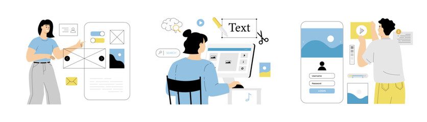 Web design concept. Illustrator designer programmer working in vector graphics editor or design program. Website page, ui, ux, mobile app. Flat vector illustration isolated o