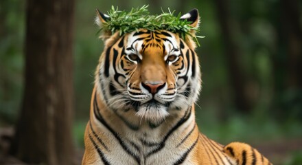 Fototapeta premium The Majestic Bengal Tiger Embraces Nature's Crown with Elegance and Serenity in the Lush Forest