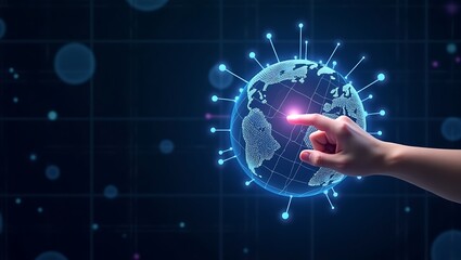 A person's hand touching a glowing digital Earth, illustrating the concept of global connection, communication, and future technology