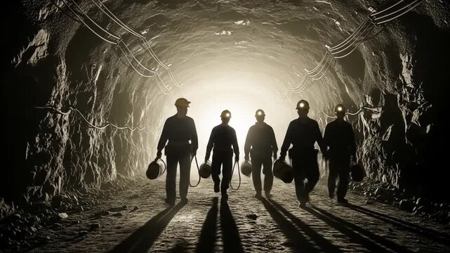 Group of Coal Miners Walking Through Underground Tunnel with Hard Hats and Tools in Silhouette Scene