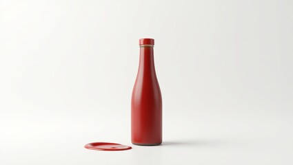 Minimalist red bottle with a spill on a clean white surface. Product photography for mock-up and branding. Elegant still life. copy space