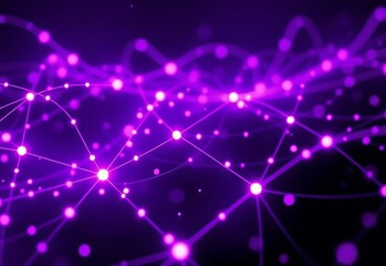 Abstract futuristic background of a vibrant purple network with glowing nodes representing digital communication and data flow