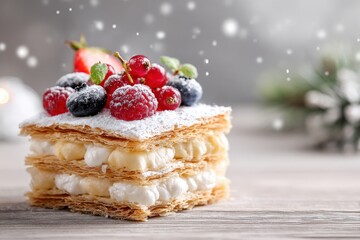 Close-up of a layered mille-feuille with icing and fruit garnish on a wooden table, framed by a soft wintry backdrop with generous copy space for a title, warm pastel tones and calm mood.