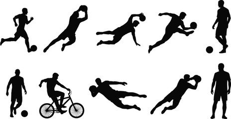 Silhouettes of athletes in soccer and cycling action poses for sports design, motion reference, athletic illustration, and vector content use
