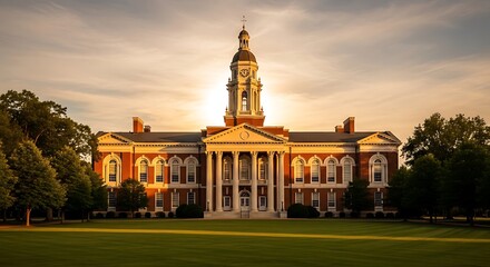 Historic University Building Bathed in Warm Golden Hour Sunlight on a Clear Day