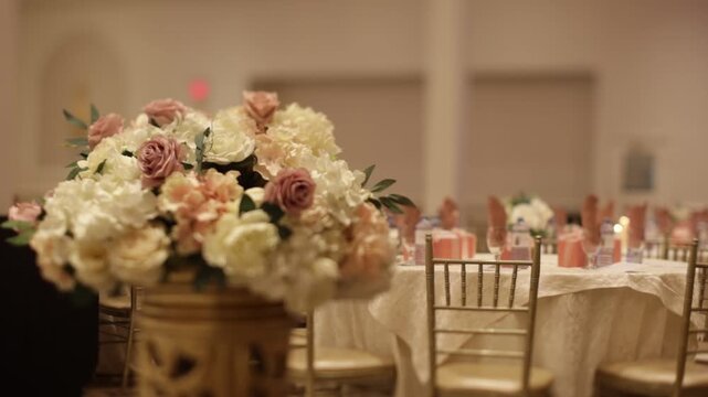 Close-up of a floral arrangement in a decorative vase at a dining table