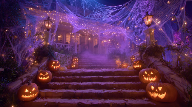 Haunted house entrance decorated for Halloween with carved jack-o&acirc;-lanterns, fog, glowing lanterns, cobwebs and eerie lighting at night. halloween house, halloween decorations, pum