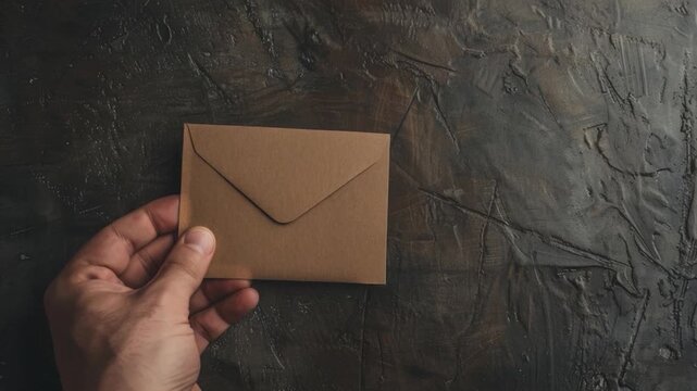 A person holds a brown envelope on a table