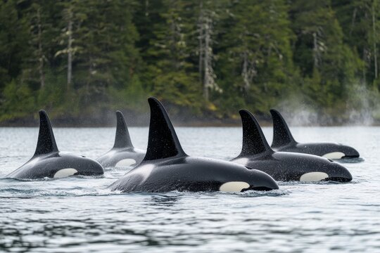 A group of killer whales emerge from water near a forested shoreline, showing dorsal fins