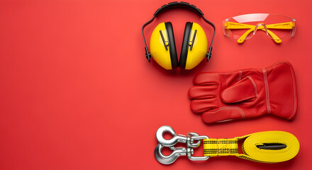 Bright Red Background with Yellow and Red Industrial Safety Equipment
