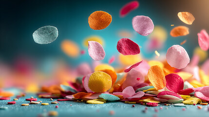 Colorful confetti falling dynamically against a solid blue background, conveying a sense of joyful celebration.