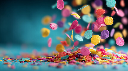 Colorful confetti falling dynamically against a solid blue background, conveying a sense of joyful celebration.
