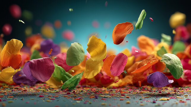 Colorful confetti falling dynamically against a solid blue background, conveying a sense of joyful celebration.