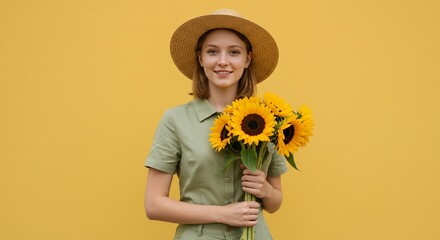 Woman in straw hat holding a bouquet of sunflowers against yellow background