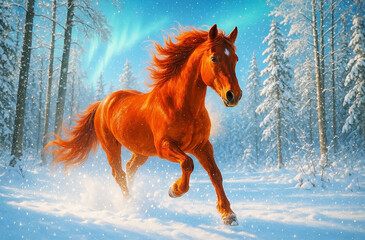 Beautiful red horse with flowing mane in a snowy forest, greeting card with the symbol of 2026