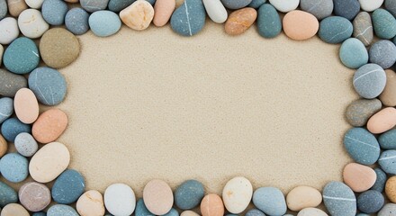 Smooth stones frame on beige sand background blank space copy space
