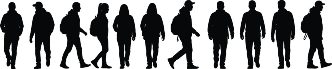 Silhouettes of people walking and standing with backpacks in varied postures for vector illustration, motion reference and crowd dynamics use