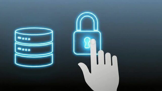 A user's hand interacts with a glowing neon interface to unlock a secure database, symbolizing cybersecurity, data protection, and information privacy