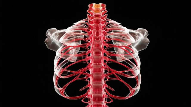 Human Spine Anatomy: A detailed, medical illustration of a human spine, showcasing the intricate structure of bones, nerves, and ribs, with the spine highlighted in vibrant colors