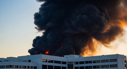 Building fire smoke black orange flames disaster damage emergency response safety