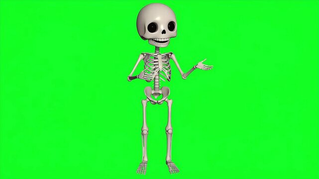 A digitally rendered cartoon skeleton stands upright with a green chroma key background for easy editing use.