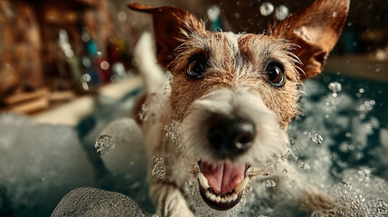 A playful dog enjoying a bubbly bath, captured in a warm and joyful moment.