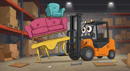 Animated forklift moving furniture warehouse