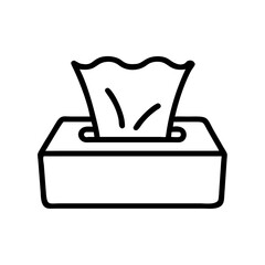 Black line icon of a rectangular tissue box with paper pulled out, symbolizing hygiene, illness care, or daily grooming.
