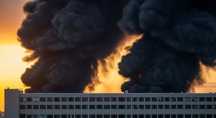 Dense black smoke rising from building roof at sunset