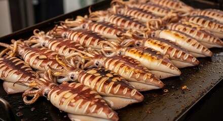 Grilled squid seafood food cooking close up image
