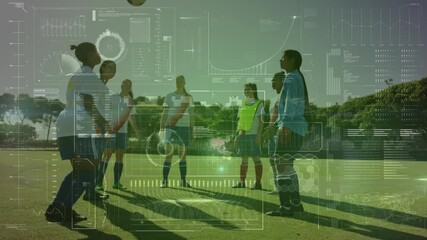 Animation of data processing over diverse boys and girls playing soccer outdoors - Powered by Adobe