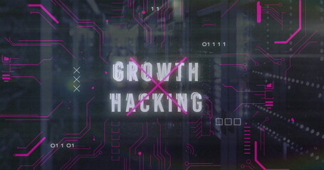 Displaying GROWTH HACKING crossed by magenta X in data center, with circuit lines and server racks