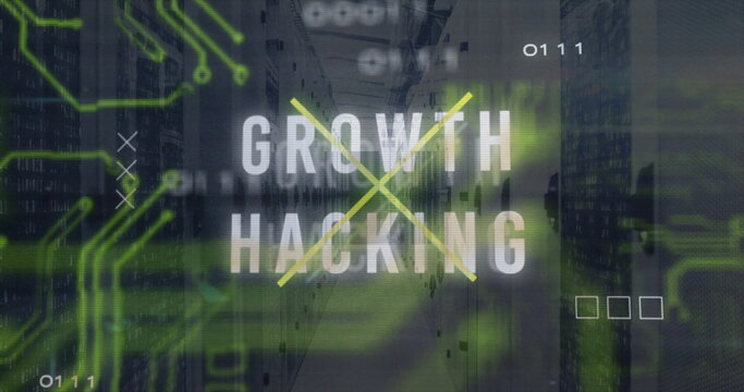 Displaying GROWTH HACKING text intersecting yellow lines inside data center with server racks