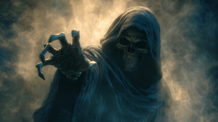 Creepy skeletal reaper in black cloak emerging from shadows, arm extended forward, thick fog and smoke background. halloween reaper, skull skeleton, death figure, hooded cloak, spo