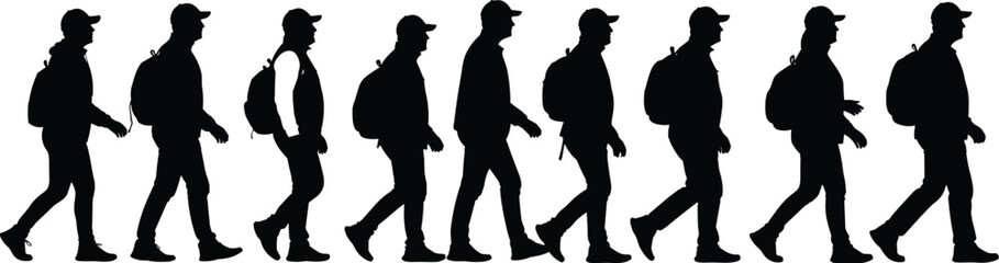 Walking cycle silhouette of person with backpack and cap in stride sequence for vector illustration, motion analysis and character design