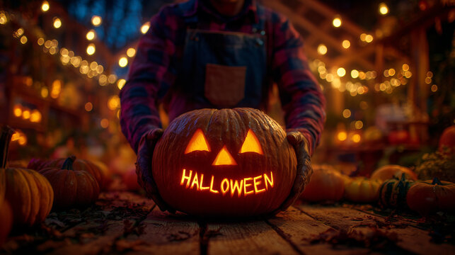 Close-up of carved jack-o&acirc;-lantern surrounded by different pumpkins, man in background getting ready for Halloween celebration. halloween jack-o-lantern, halloween pumpkins, pumpki