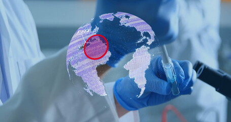 Pipetting gloved hands filling test tube on lab bench, with micropipette, holographic globe