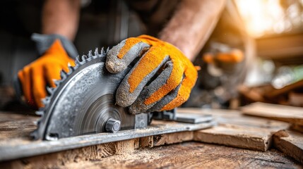 Close-up view of a person using a circular saw to cut wood.