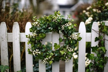 A festive Christmas wreath with white berries and bright green ivy rests on a white picket fence, framed by blooming garden flowers for a sunny, cheerful holiday scene.