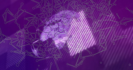 Visualizing brain mesh rotating on purple background with network nodes and diagonal light stripes