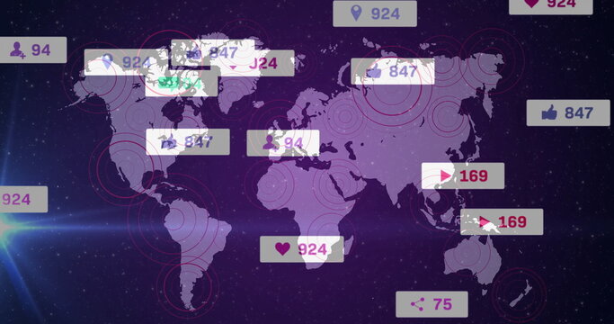 Displaying purple world map over starfield showing social icons numeric badges radial red circles