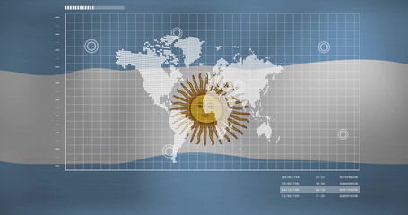 Displaying pixelated world map on screen with golden sun emblem, white grid and markers, date codes