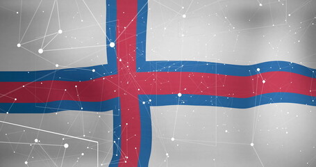 Fototapeta premium Displaying stylized Faroese flag filling frame, featuring network nodes with thin connecting lines