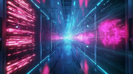 Data center transferring big data with futuristic light trails and pink and blue lights - Powered by Adobe