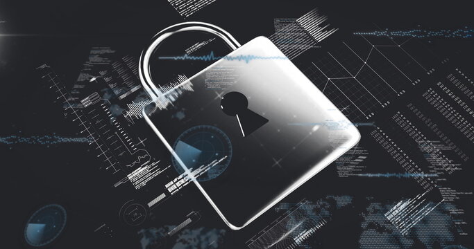 Floating metallic padlock glowing over virtual interface, featuring code snippets, waveform graphs
