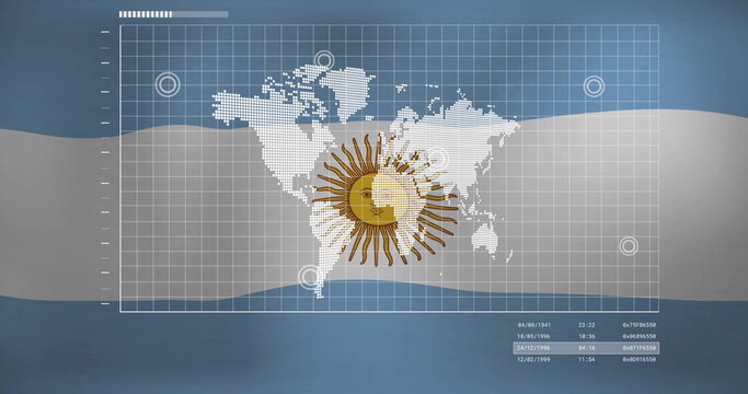 Displaying pixelated world map on screen with golden sun emblem, white grid and markers, date codes