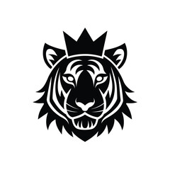 Majestic Tiger Head with Crown: Black and White Vector Illustration, Regal, Powerful, Logo Design