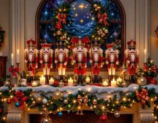 Obraz premium a magical holiday display of multiple nutcracker soldiers standing on a mantel with twinkling fairy lights pine garlands candles ornaments and festive ribbons for christmas cheer