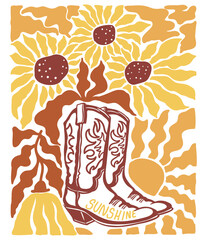 Cowgirl boots with sunflowers decor background. Vector country illustration with cowboy boots and cowboy text for design.