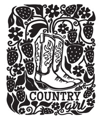 Country Cowgirl boots with floral decor black silhouette isolated on white background. Vector Cowboy country illustration with cowboy western boots and strawberry for decor and design